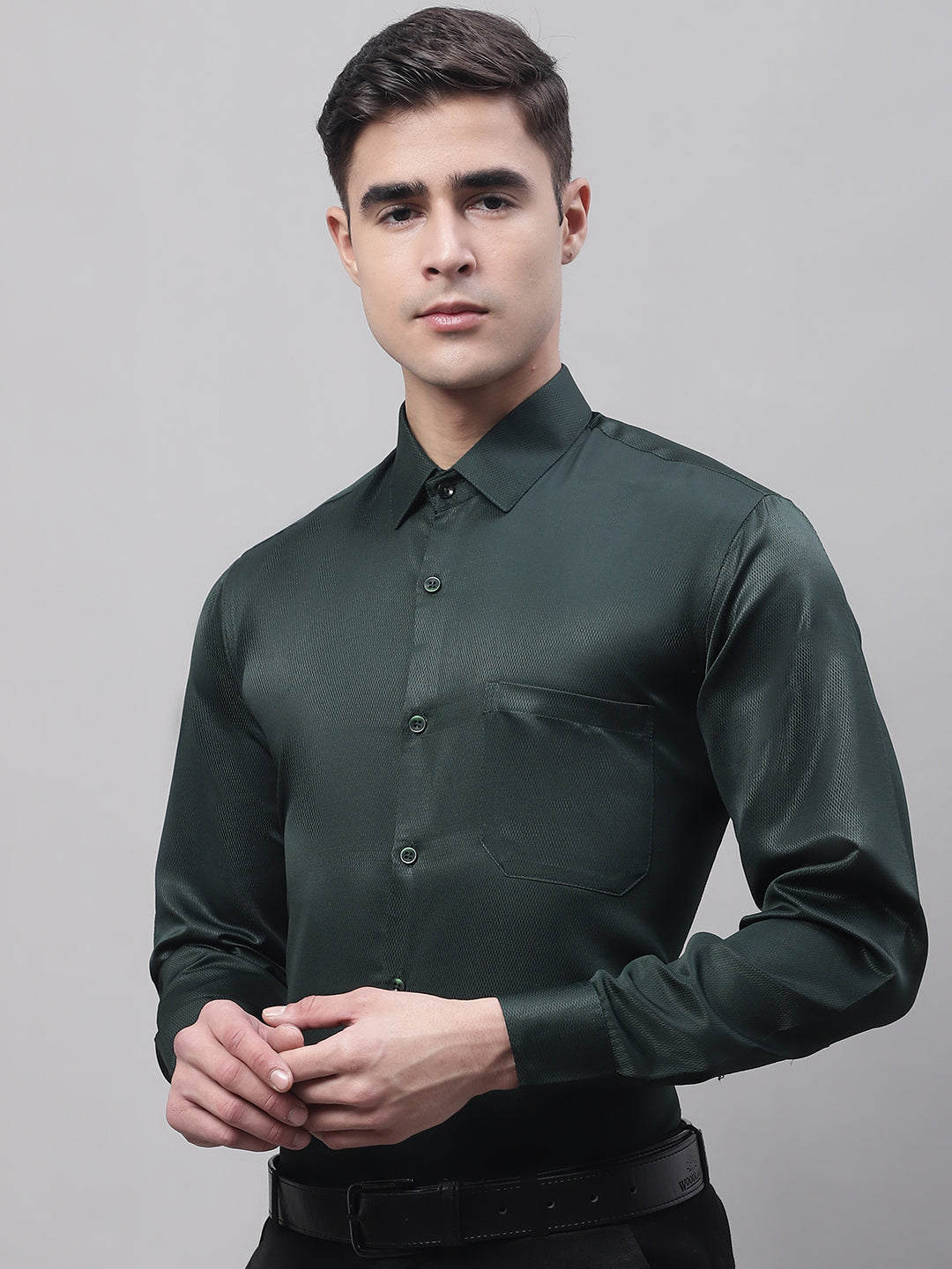 Men's Olive Green Dobby Textured Formal Shirt - Taantav