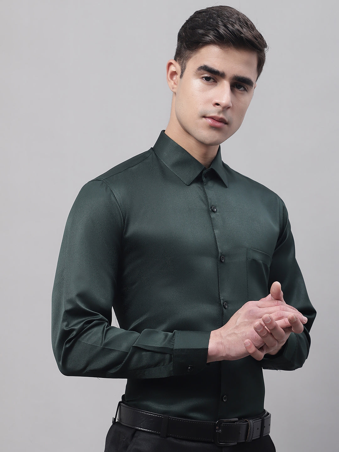 Men's Olive Green Dobby Textured Formal Shirt - Taantav