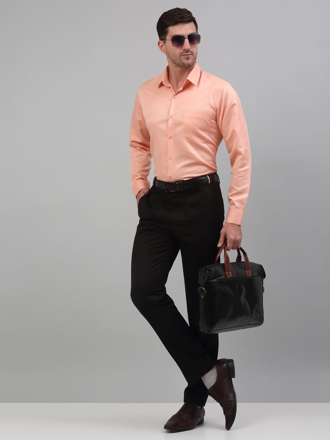 Men's Orange Dobby Textured Formal Shirt - Taantav