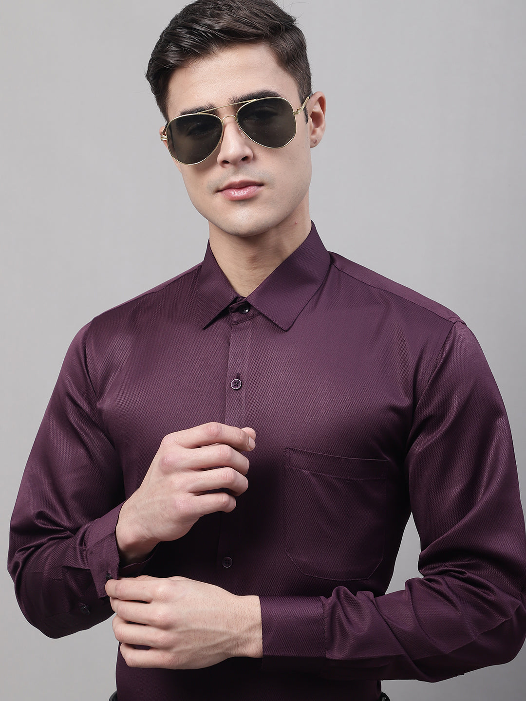 Men's Purple-Wine Dobby Textured Formal Shirt - Taantav