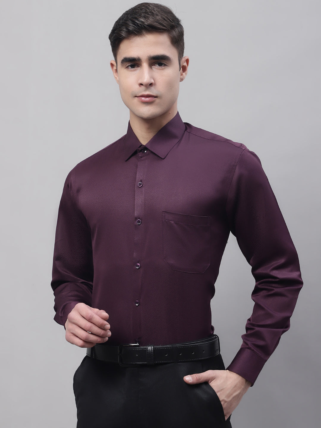 Men's Purple-Wine Dobby Textured Formal Shirt - Taantav