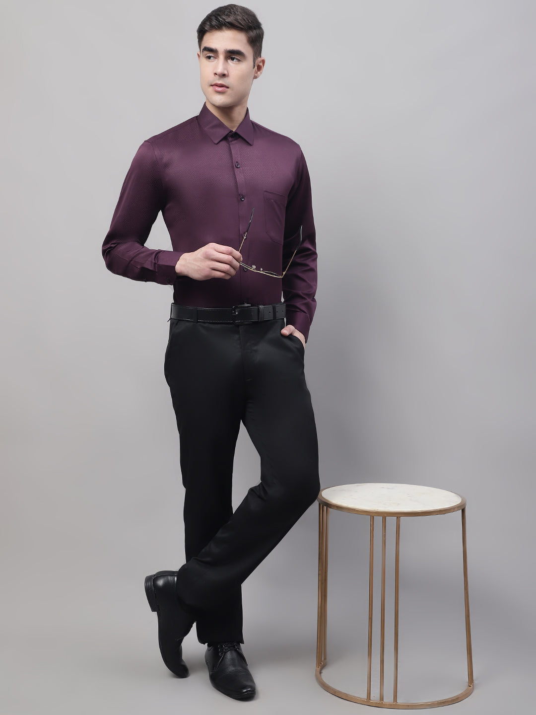 Men's Purple-Wine Dobby Textured Formal Shirt - Taantav