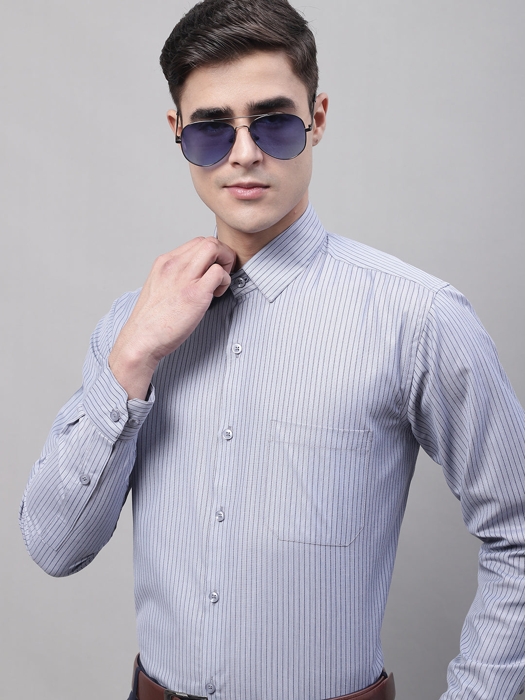 Men's Grey Vertical Striped Formal Shirt - Taantav