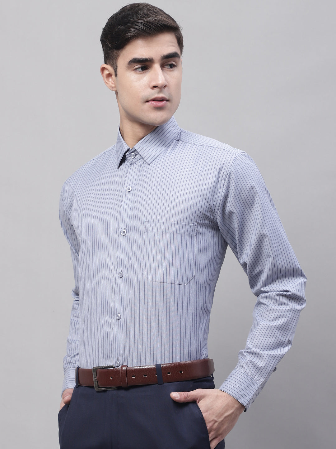 Men's Grey Vertical Striped Formal Shirt - Taantav