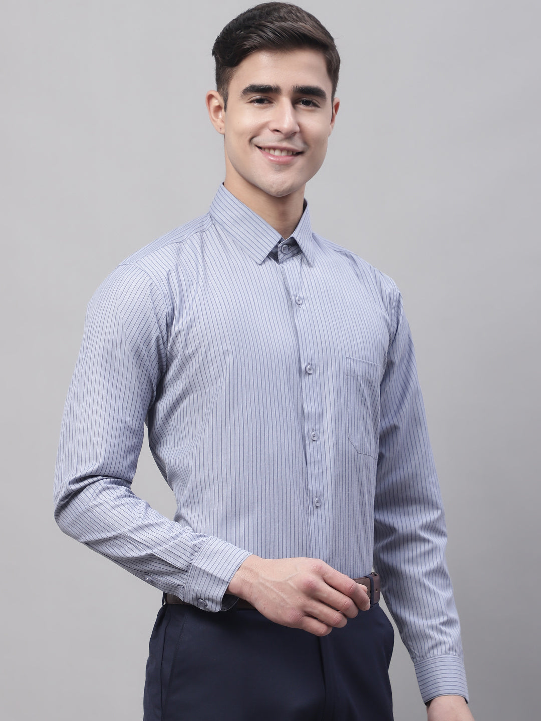 Men's Grey Vertical Striped Formal Shirt - Taantav