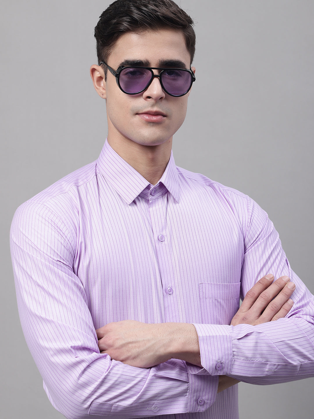 Men's Purple Vertical Striped Formal Shirt - Taantav