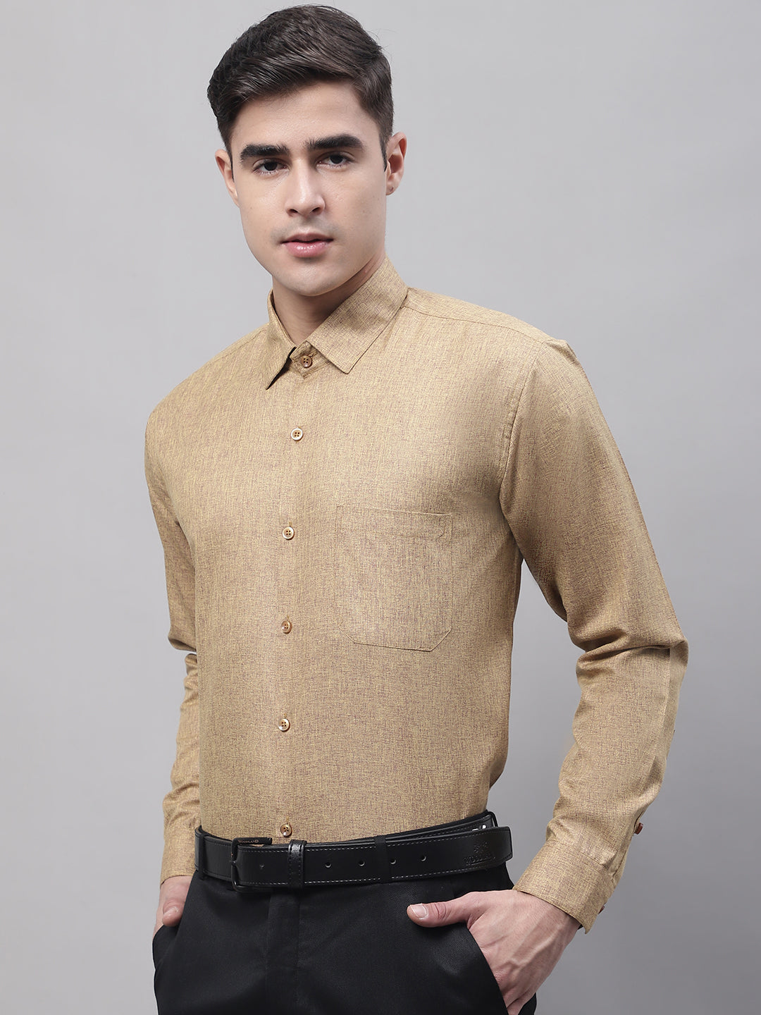 Men's Brown Cotton Solid Formal Shirt - Taantav