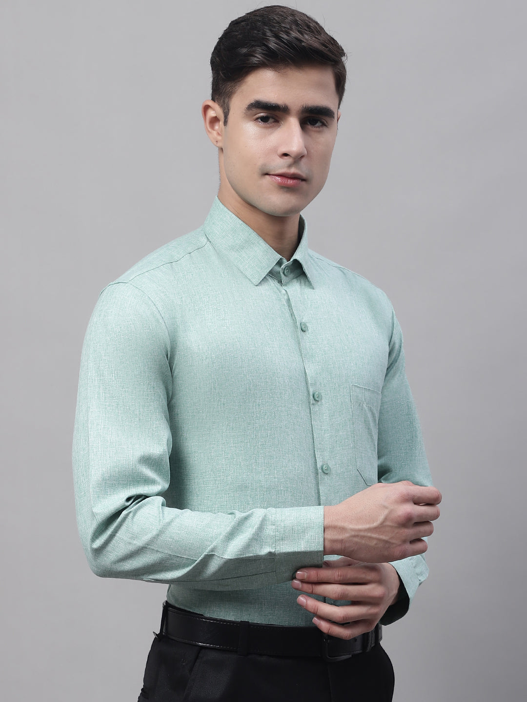 Men's Green Cotton Solid Formal Shirt - Taantav