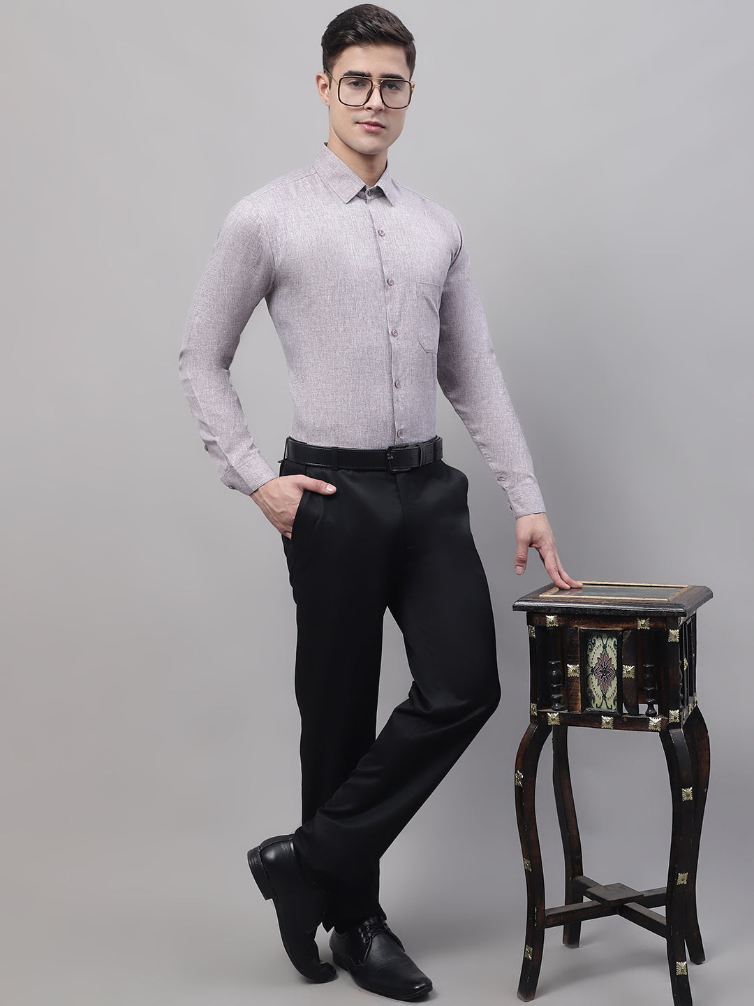 Men's Grey Cotton Solid Formal Shirt - Taantav