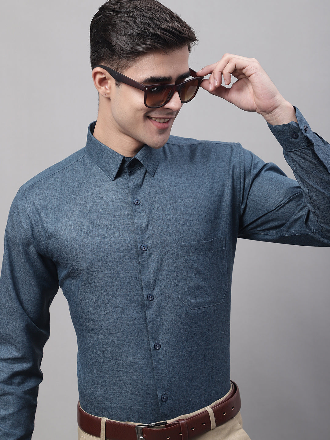 Men's Teal Blue Cotton Solid Formal Shirt - Taantav