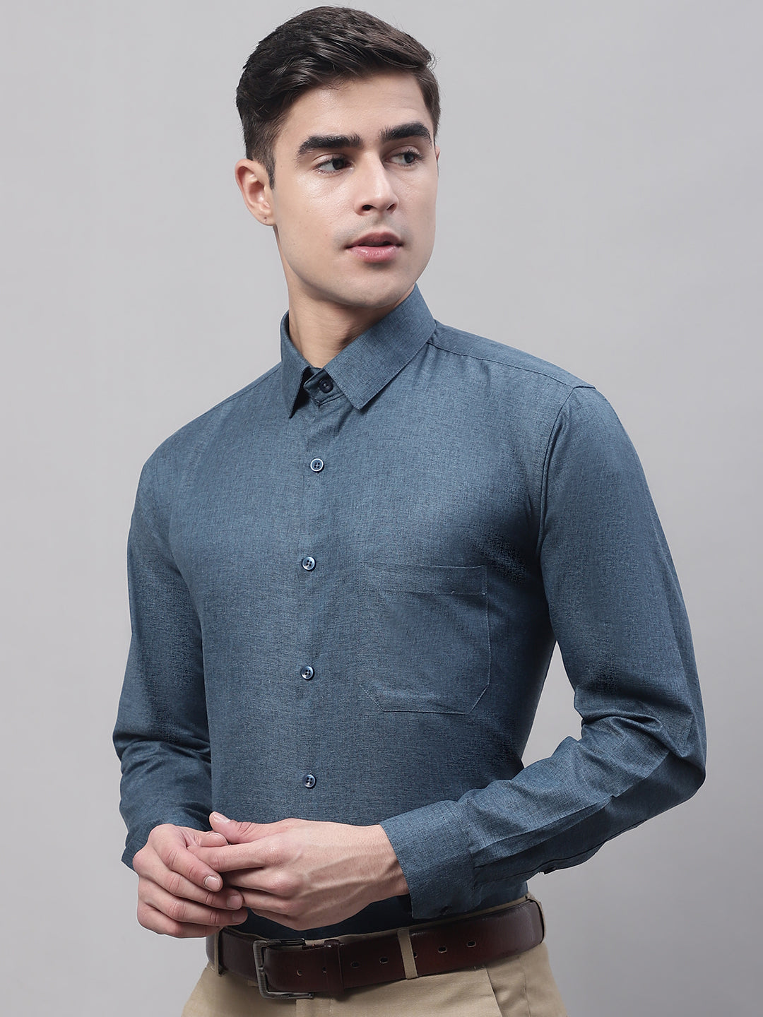 Men's Teal Blue Cotton Solid Formal Shirt - Taantav