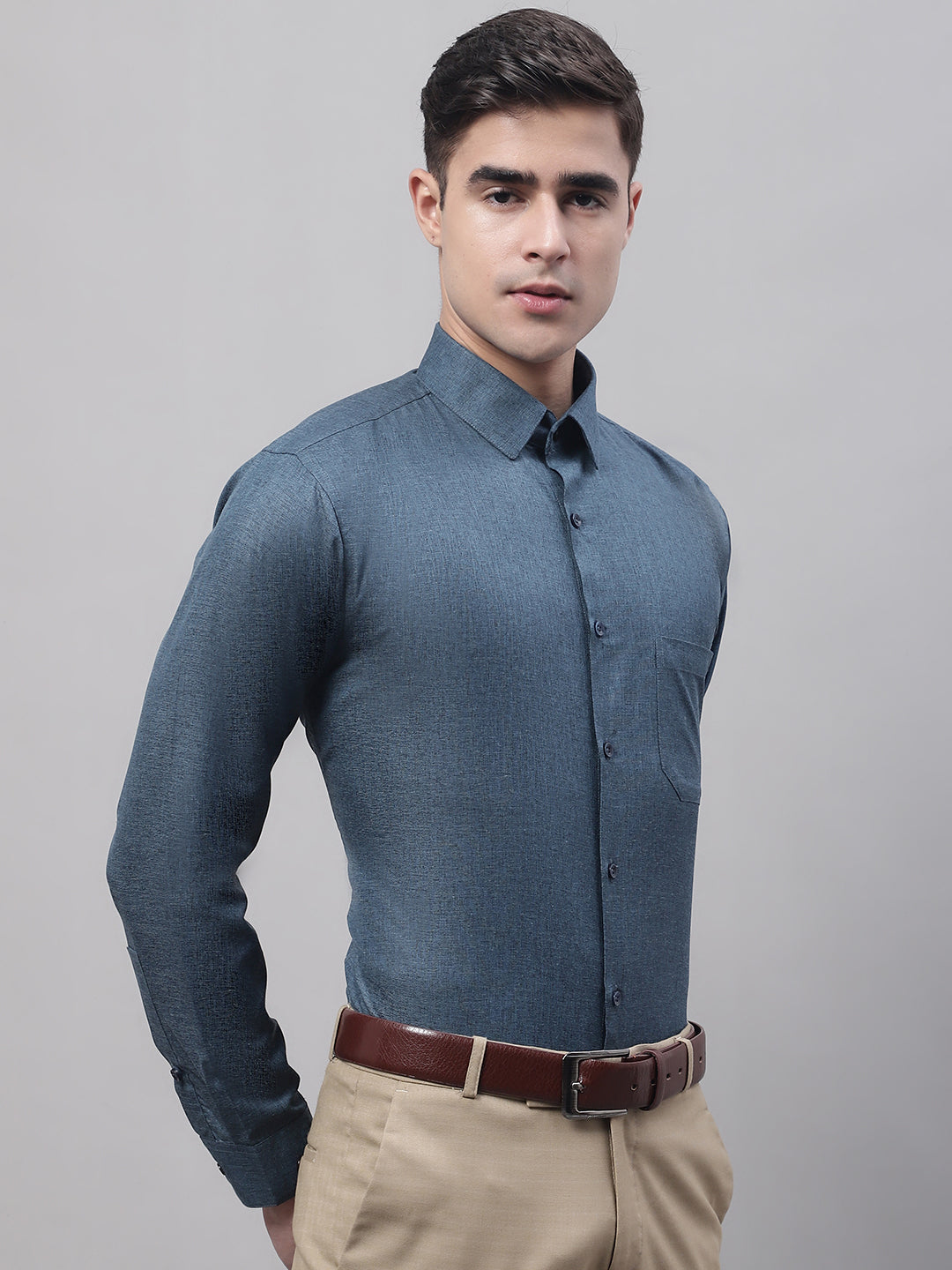 Men's Teal Blue Cotton Solid Formal Shirt - Taantav