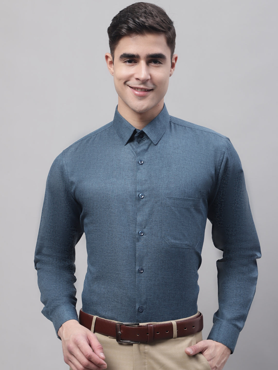 Men's Teal Blue Cotton Solid Formal Shirt - Taantav