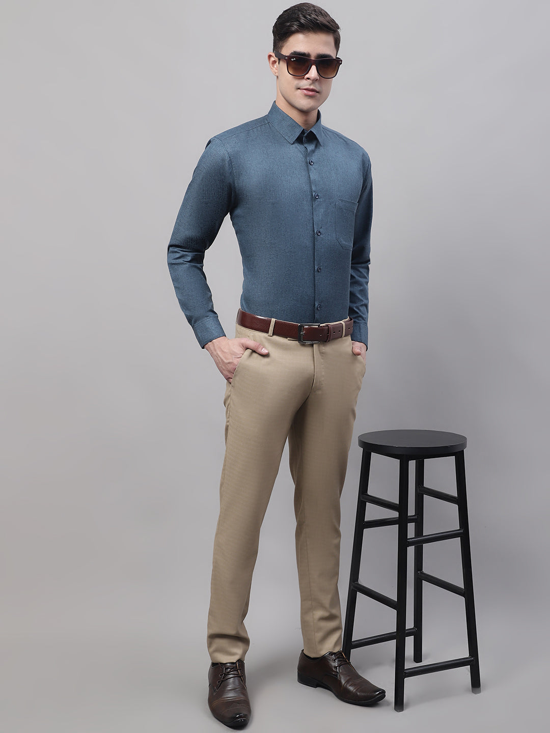 Men's Teal Blue Cotton Solid Formal Shirt - Taantav