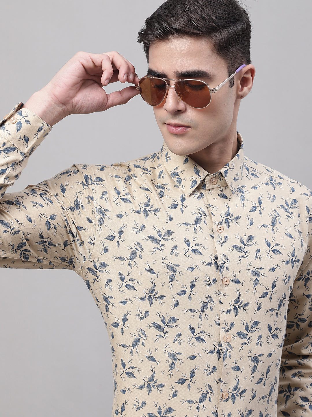 Men's Beige Regular Fit Printed Pure Cotton Formal Shirt - Taantav