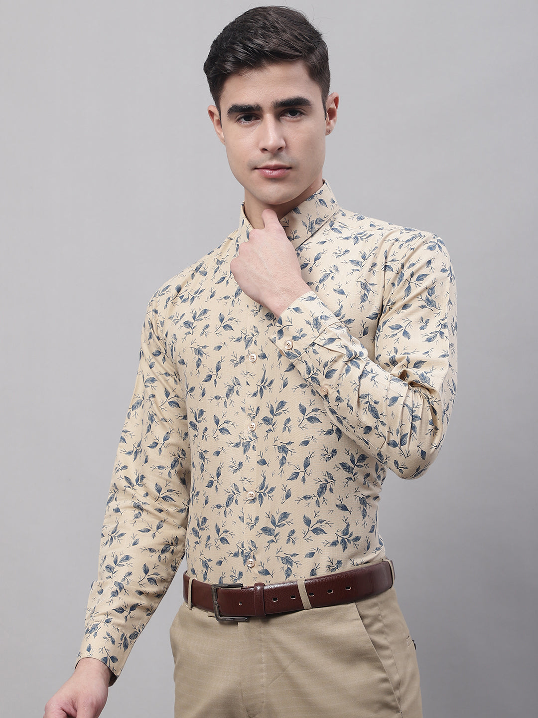 Men's Beige Regular Fit Printed Pure Cotton Formal Shirt - Taantav