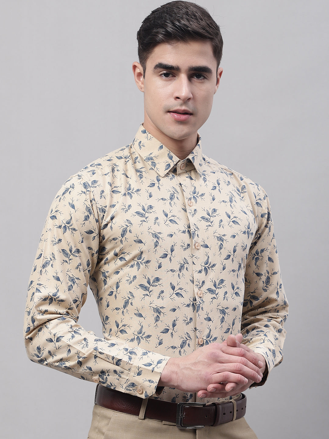 Men's Beige Regular Fit Printed Pure Cotton Formal Shirt - Taantav