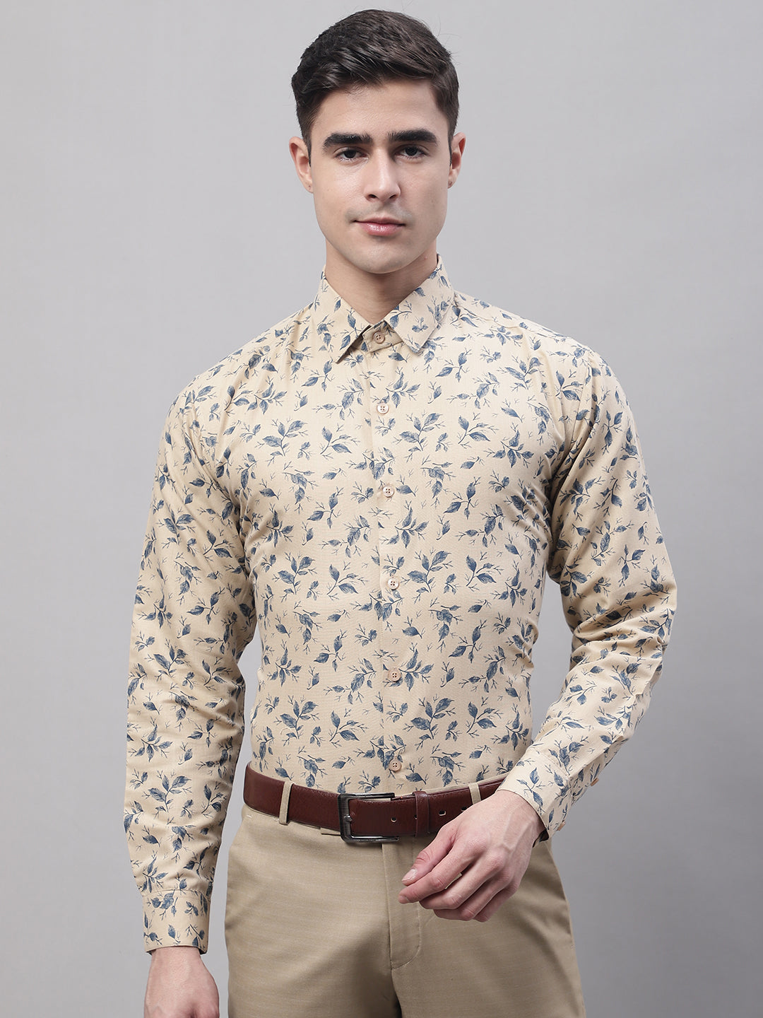 Men's Beige Regular Fit Printed Pure Cotton Formal Shirt - Taantav