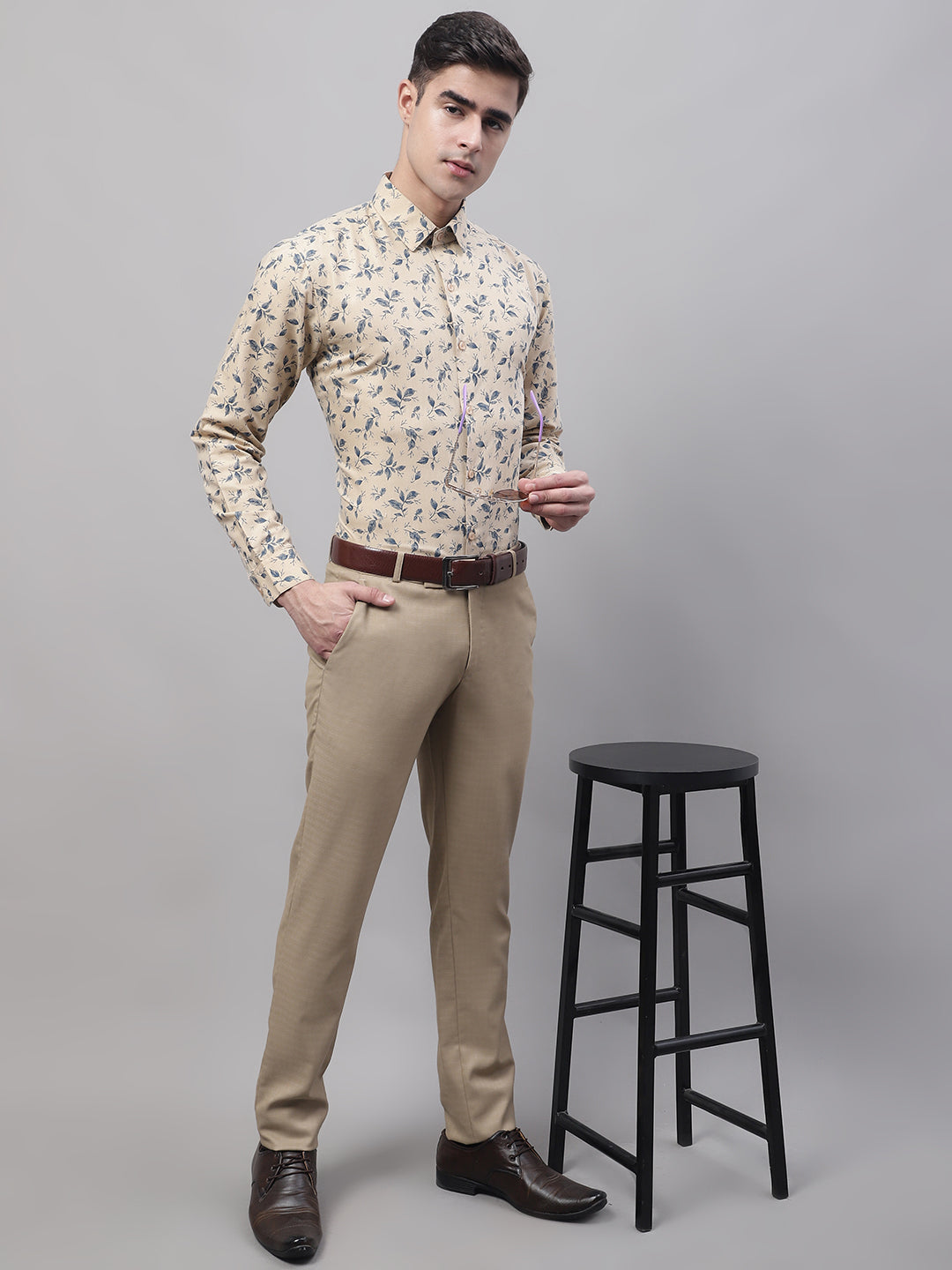 Men's Beige Regular Fit Printed Pure Cotton Formal Shirt - Taantav