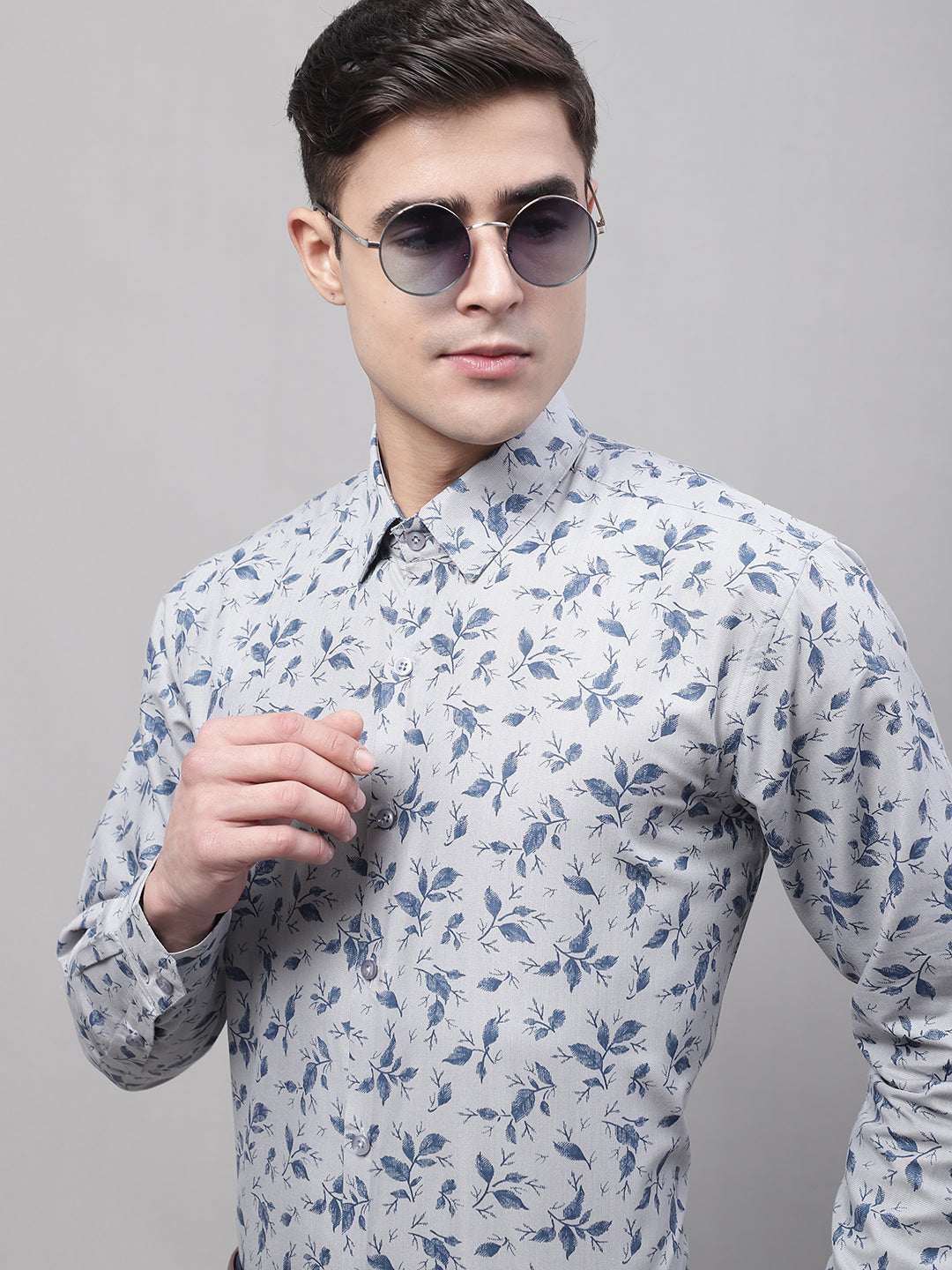 Men's Grey Regular Fit Printed Pure Cotton Formal Shirt - Taantav