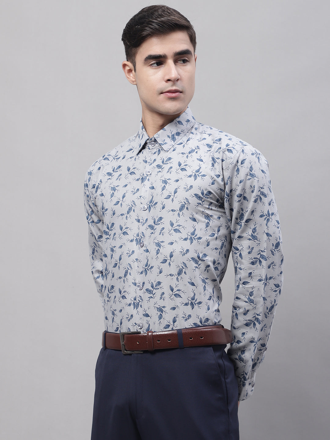 Men's Grey Regular Fit Printed Pure Cotton Formal Shirt - Taantav