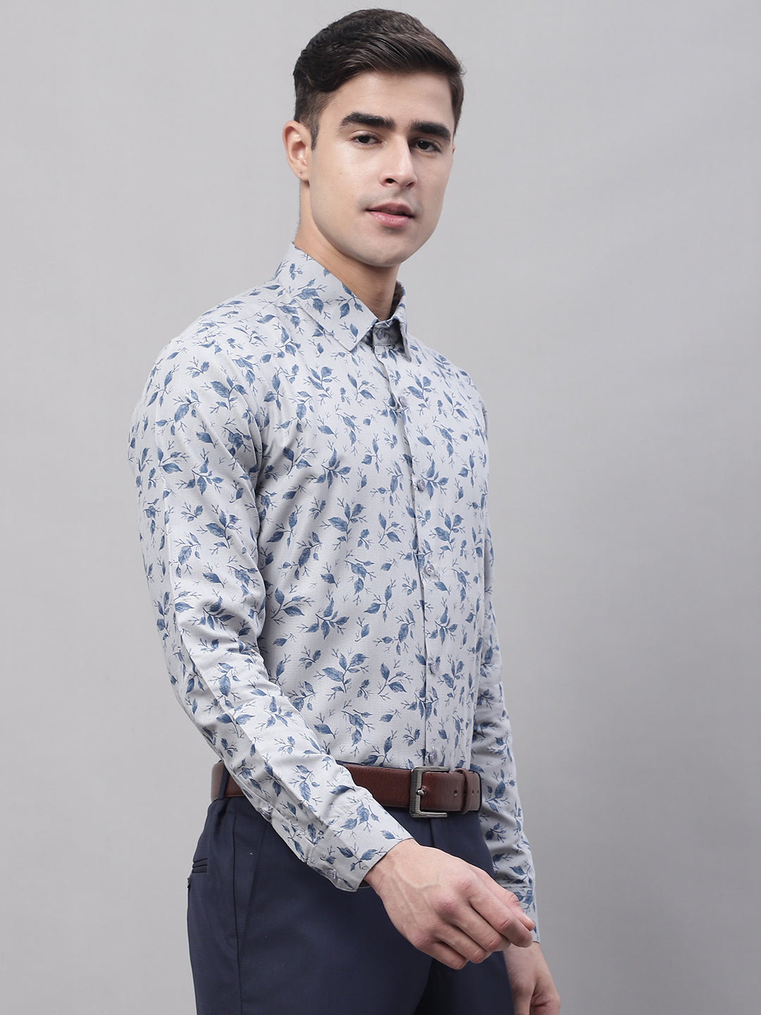 Men's Grey Regular Fit Printed Pure Cotton Formal Shirt - Taantav