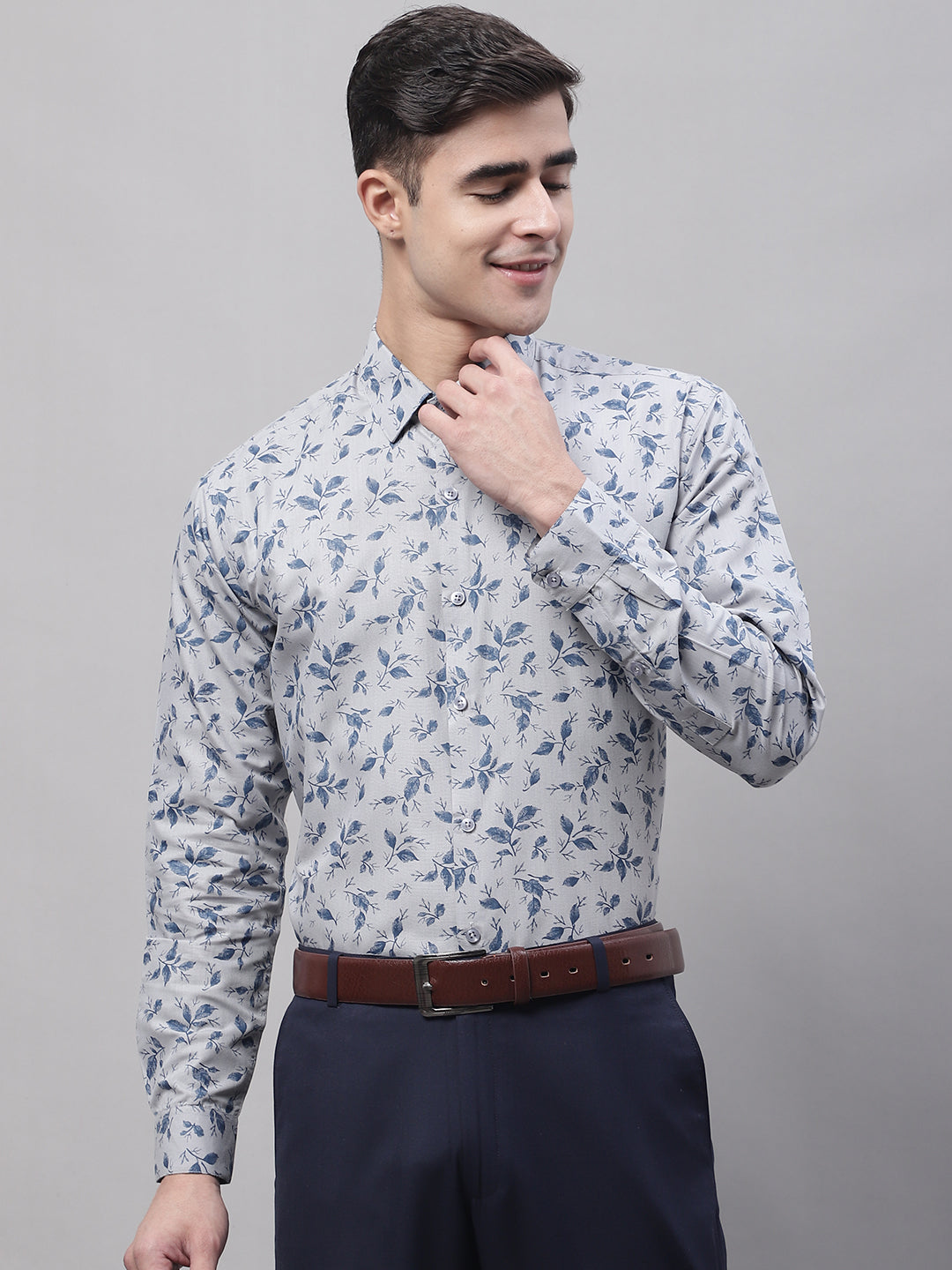 Men's Grey Regular Fit Printed Pure Cotton Formal Shirt - Taantav