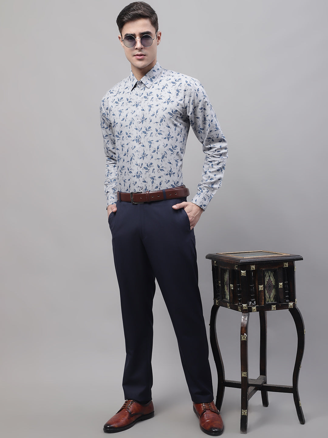 Men's Grey Regular Fit Printed Pure Cotton Formal Shirt - Taantav