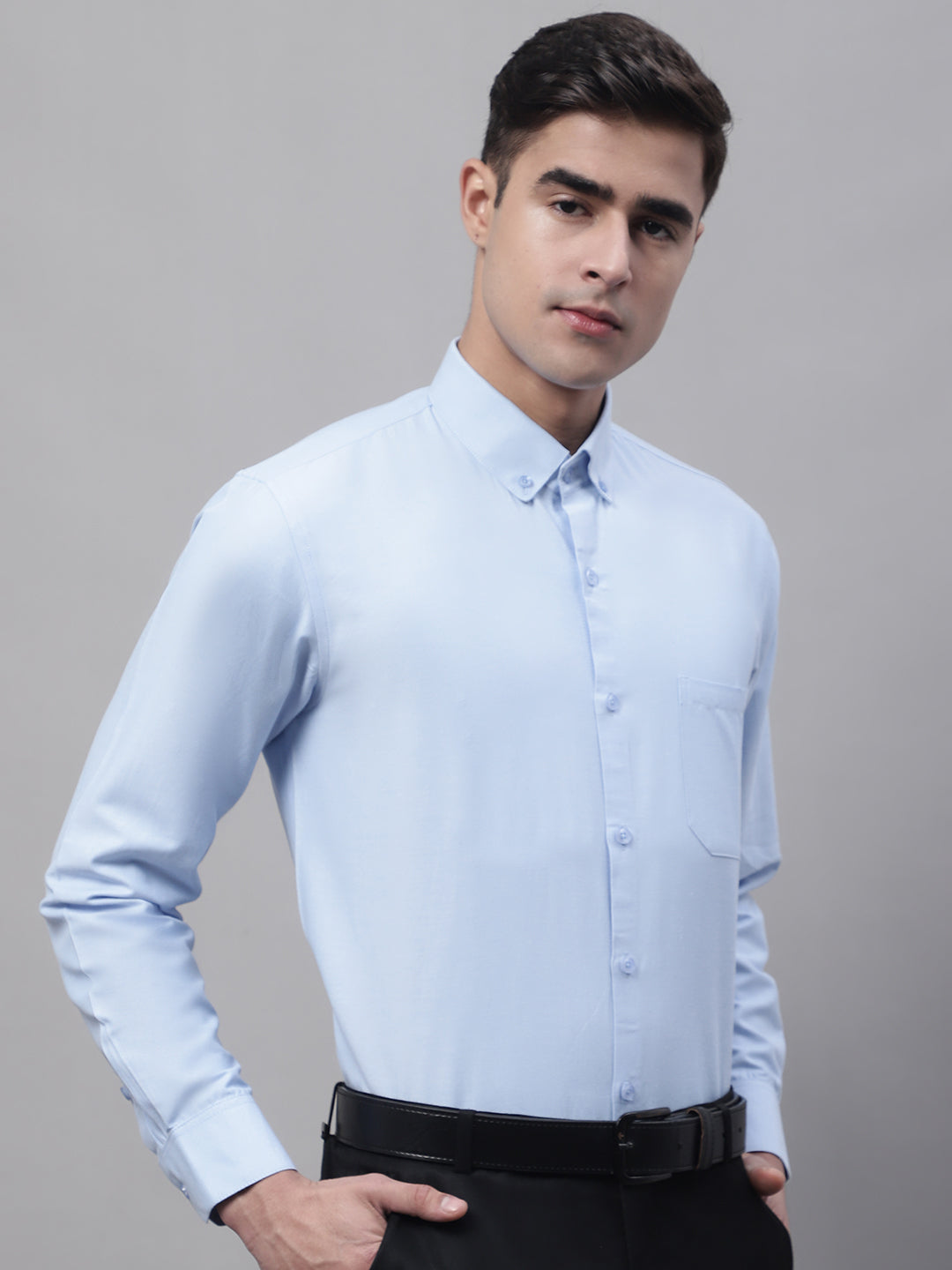 Men's Sky Blue Cotton Solid Formal Shirt - Taantav