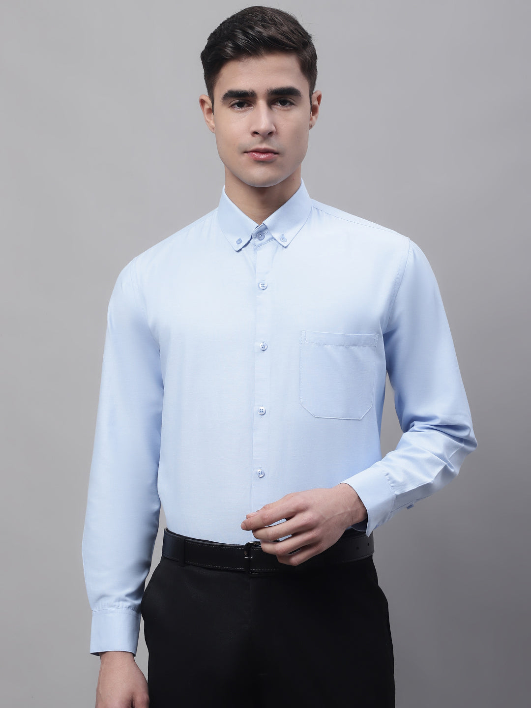 Men's Sky Blue Cotton Solid Formal Shirt - Taantav