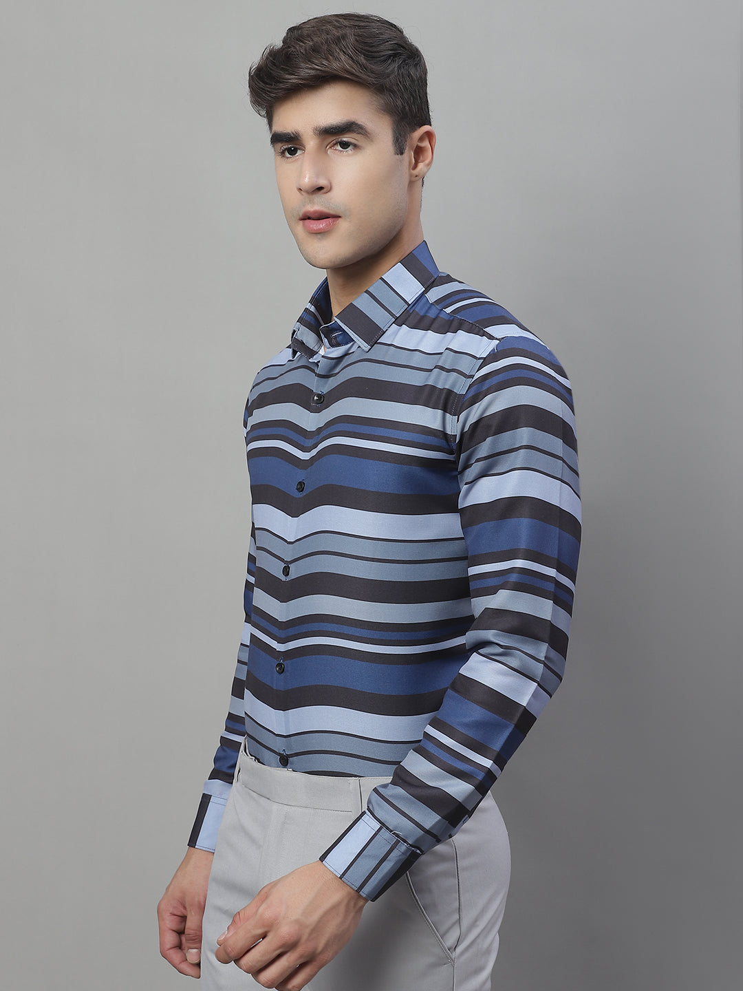 Men's Grey Classic Striped Formal Shirt - Taantav