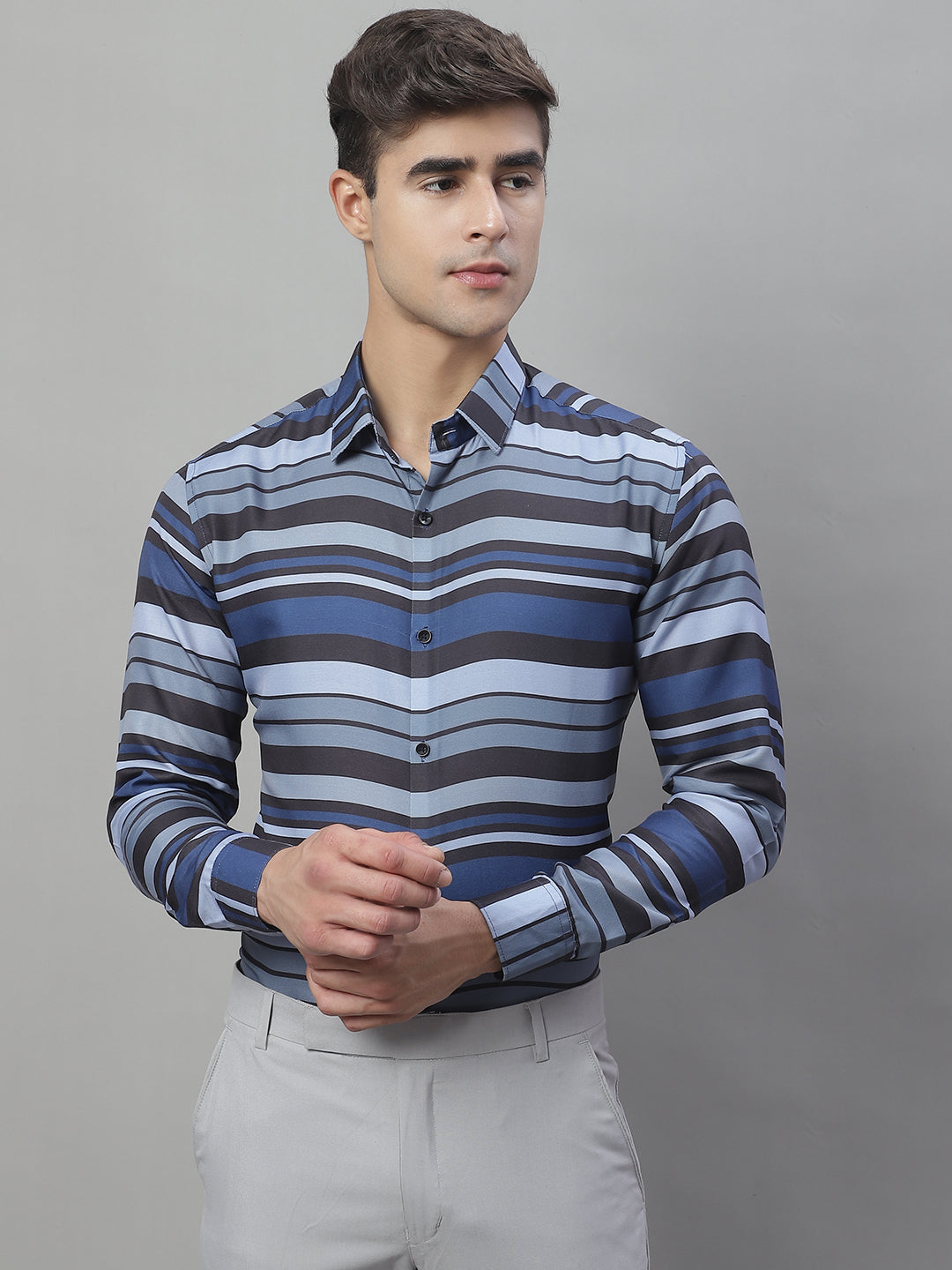 Men's Grey Classic Striped Formal Shirt - Taantav