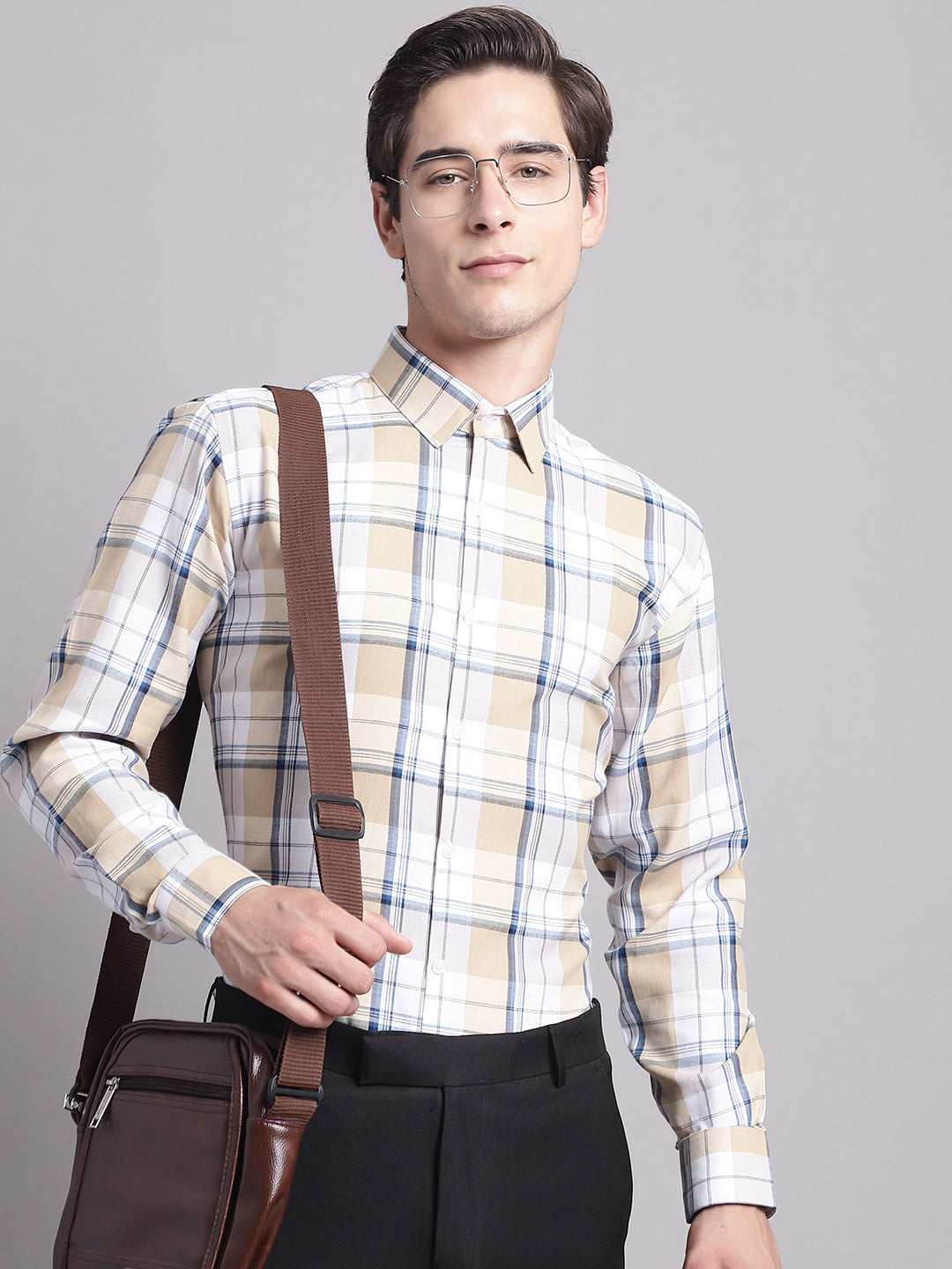 Men's Yellow Checked Regular Fit Formal Shirt - Taantav