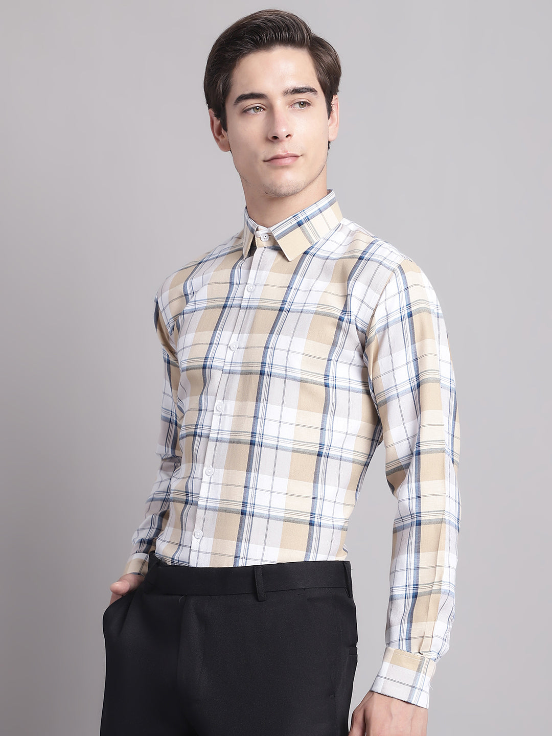 Men's Yellow Checked Regular Fit Formal Shirt - Taantav