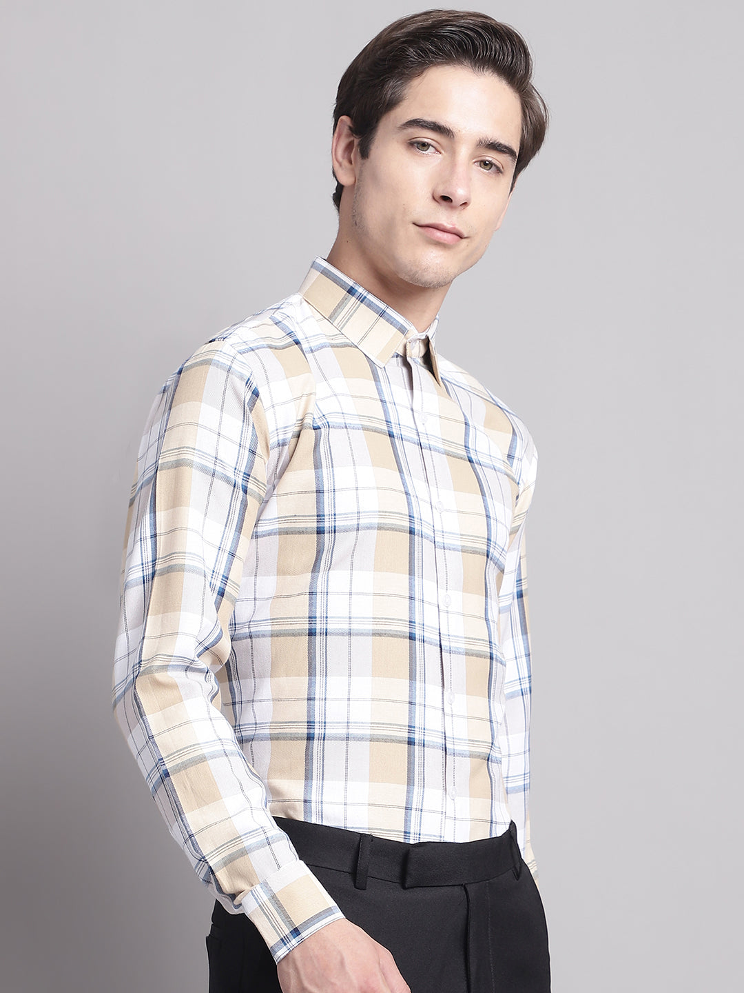 Men's Yellow Checked Regular Fit Formal Shirt - Taantav