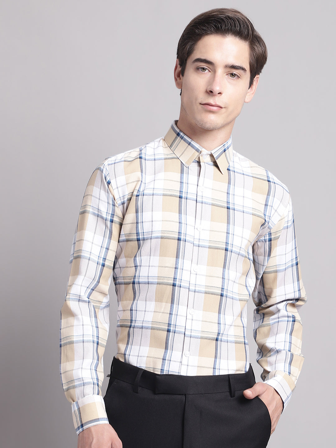 Men's Yellow Checked Regular Fit Formal Shirt - Taantav