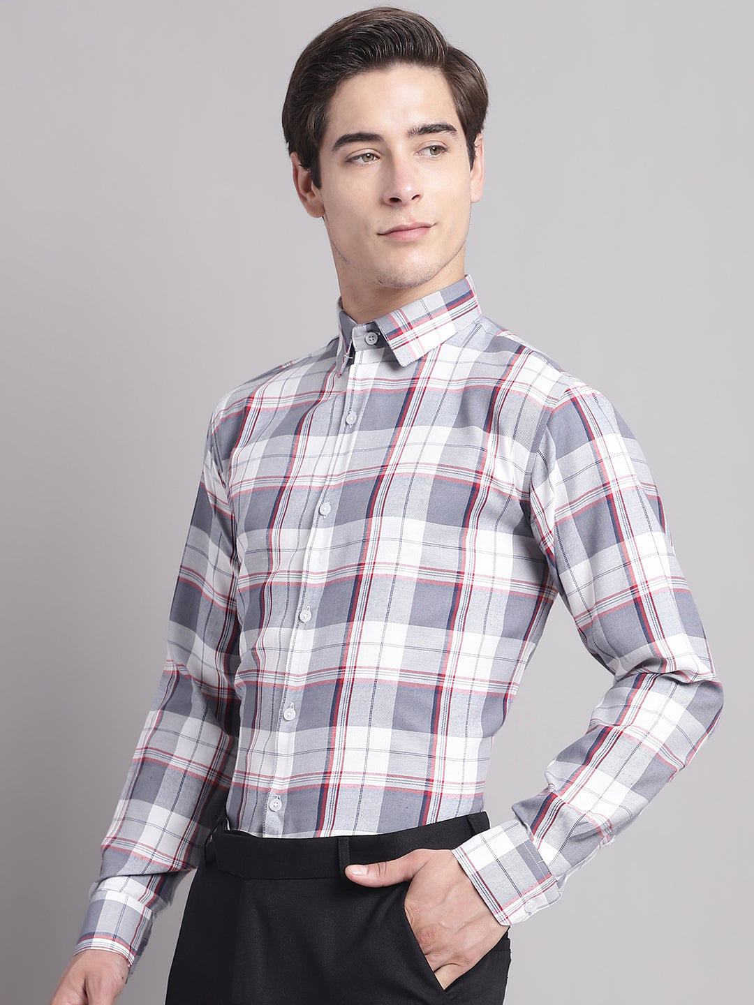 Men's Grey Checked Regular Fit Formal Shirt - Taantav