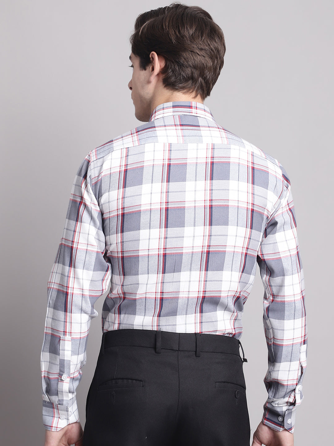 Men's Grey Checked Regular Fit Formal Shirt - Taantav