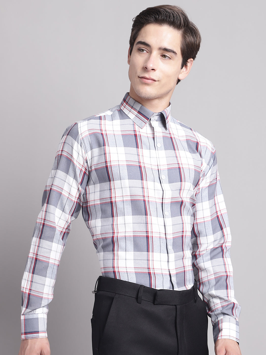 Men's Grey Checked Regular Fit Formal Shirt - Taantav