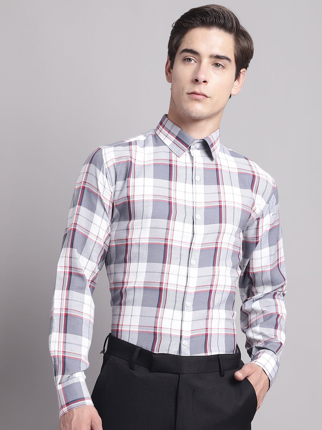 Men's Grey Checked Regular Fit Formal Shirt - Taantav