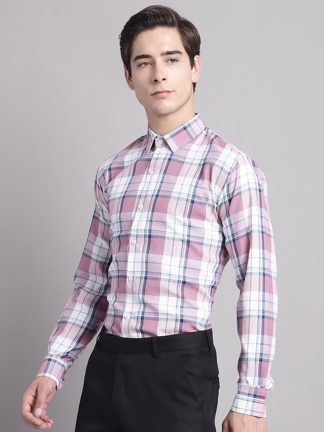 Men's Pink Checked Regular Fit Formal Shirt - Taantav