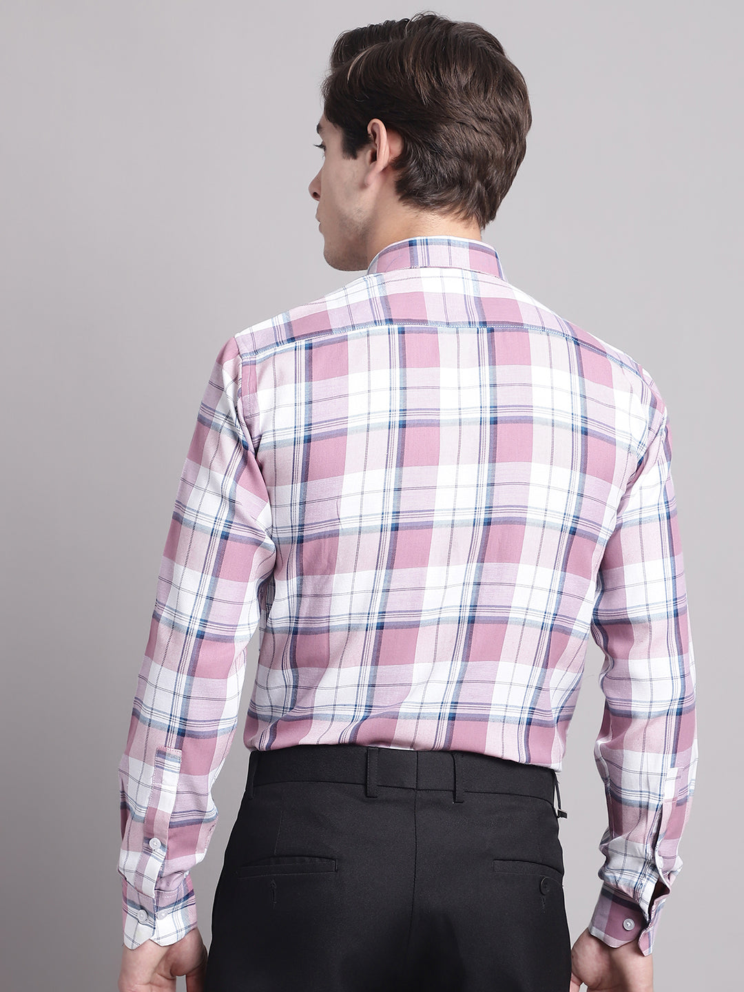 Men's Pink Checked Regular Fit Formal Shirt - Taantav