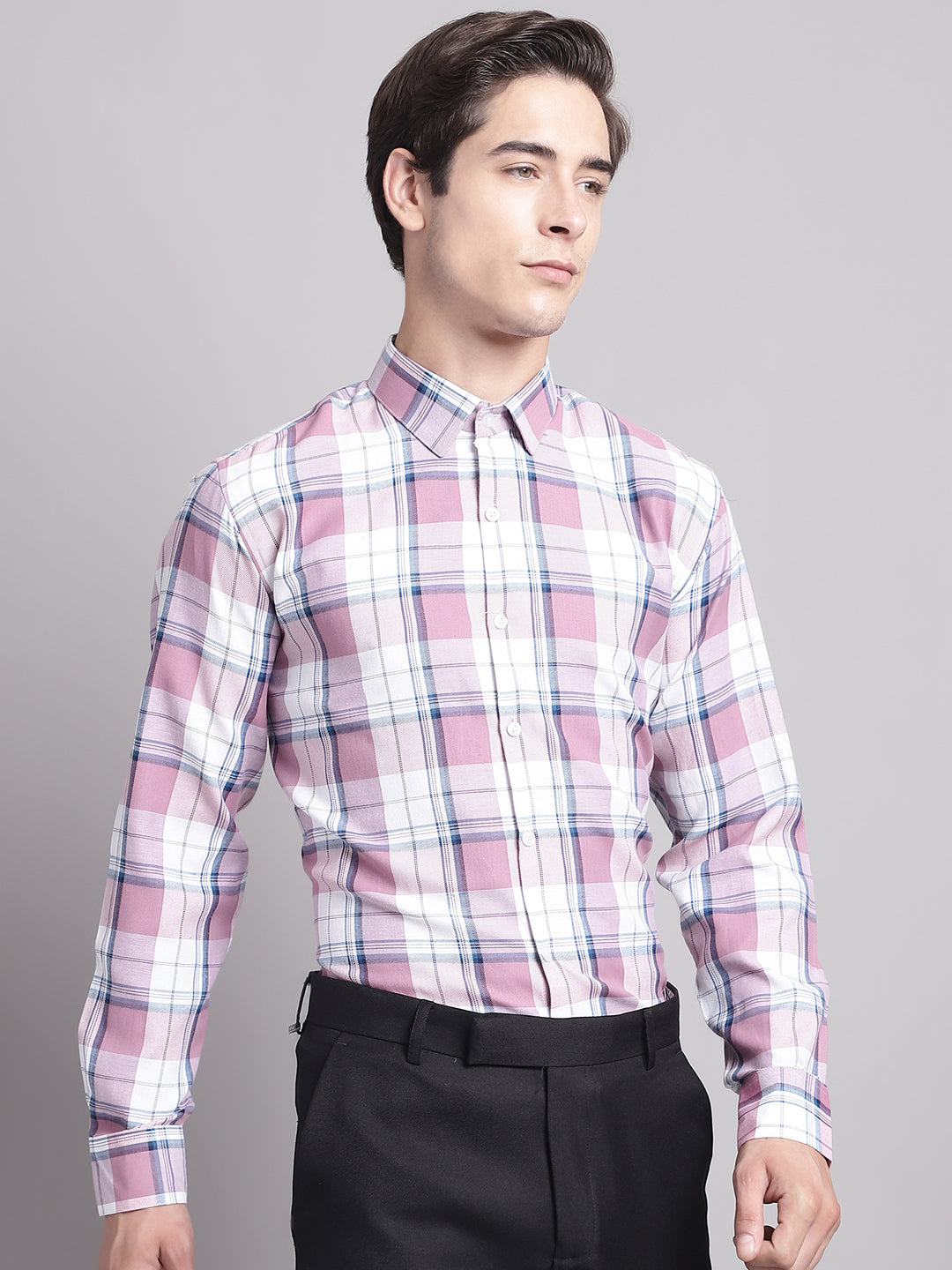 Men's Pink Checked Regular Fit Formal Shirt - Taantav