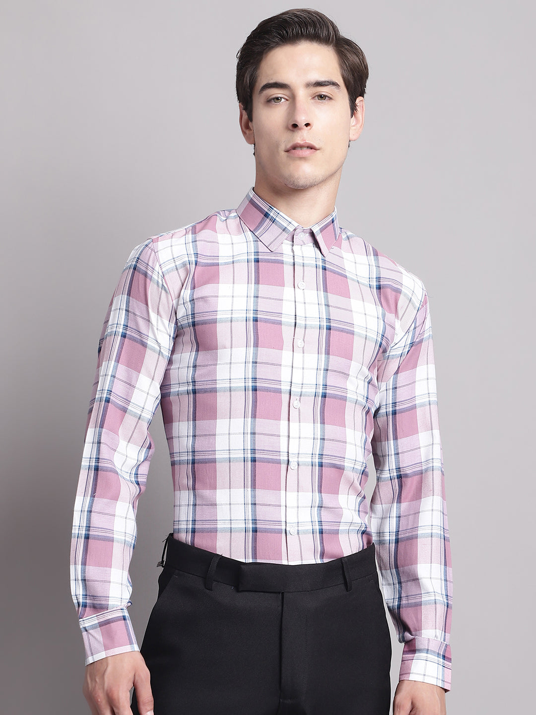 Men's Pink Checked Regular Fit Formal Shirt - Taantav