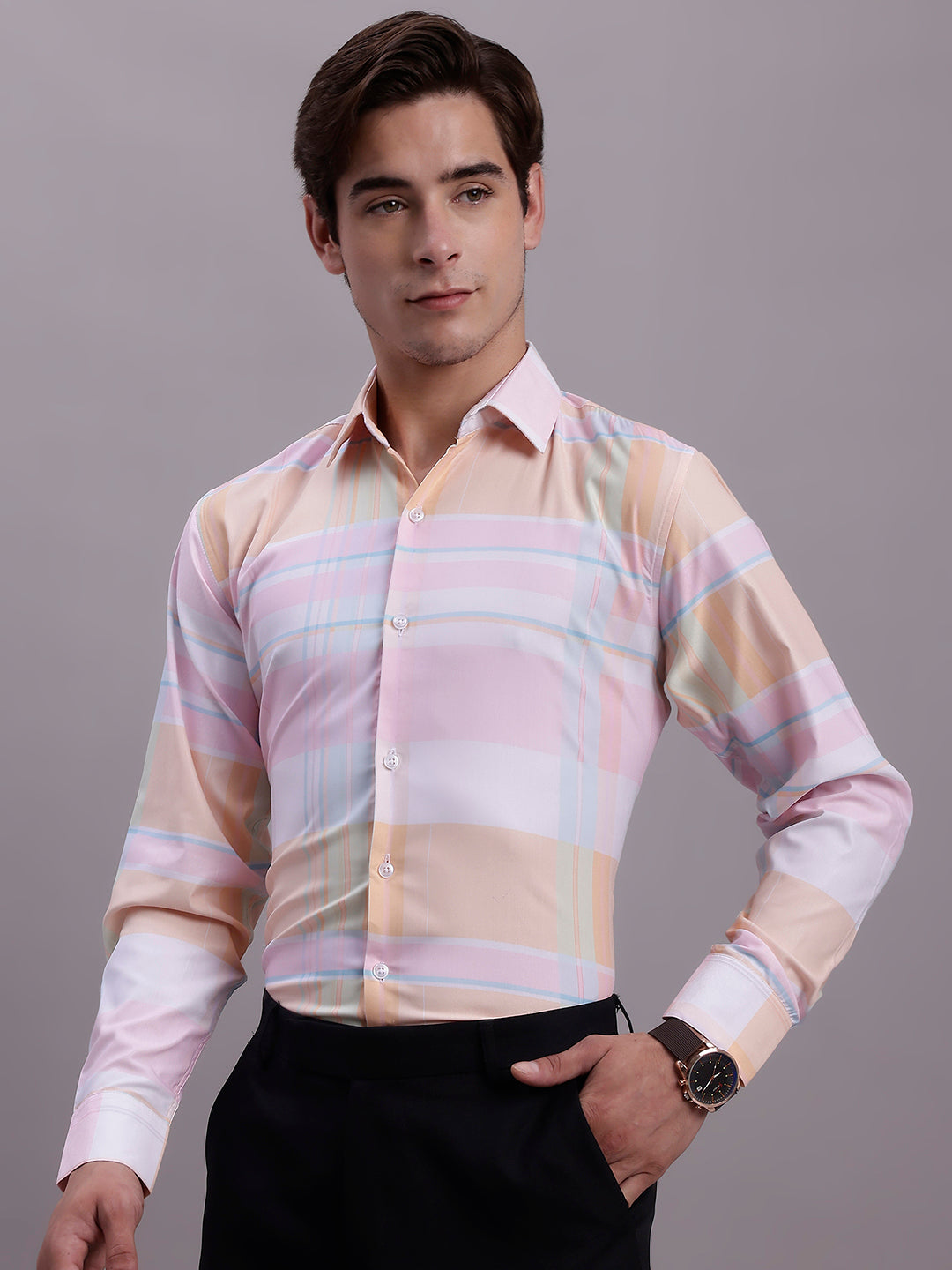 Men's Cotton Blend Checked Formal Shirt - Taantav