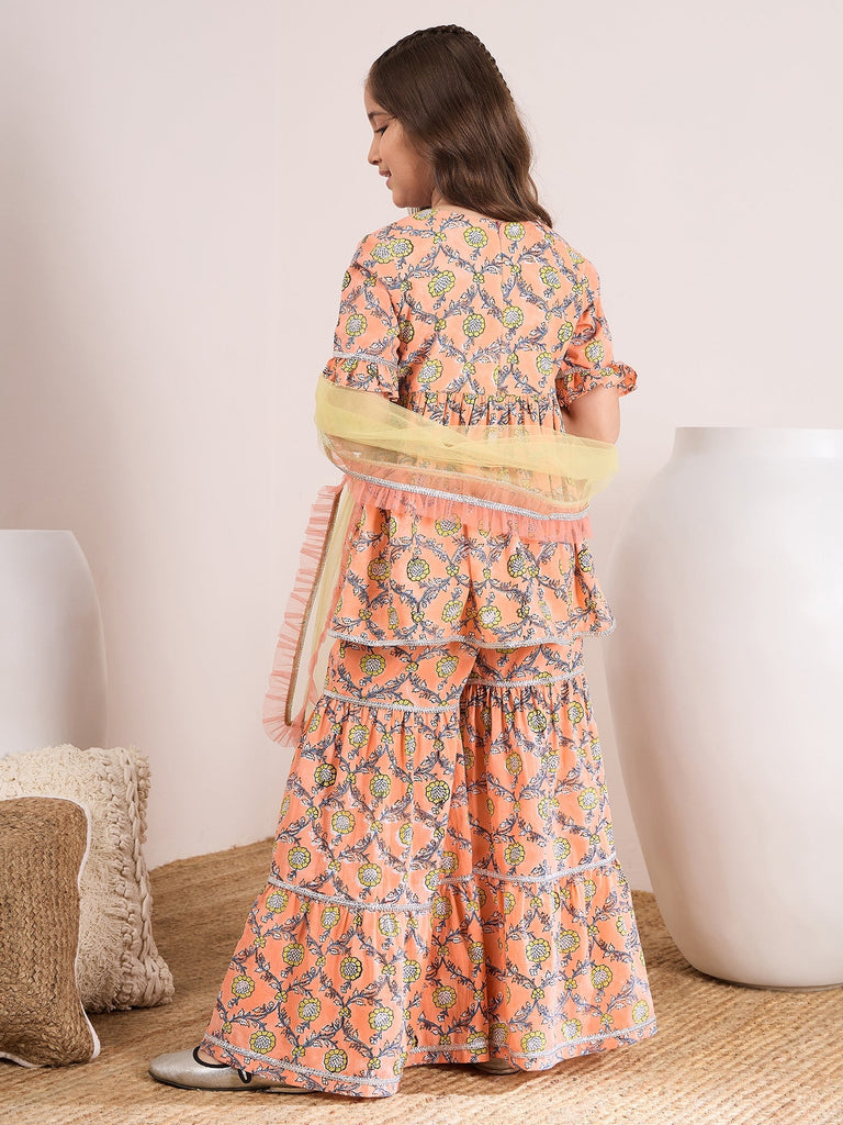 Girls Floral Printed Empire Kurti With Sharara & With Dupatta