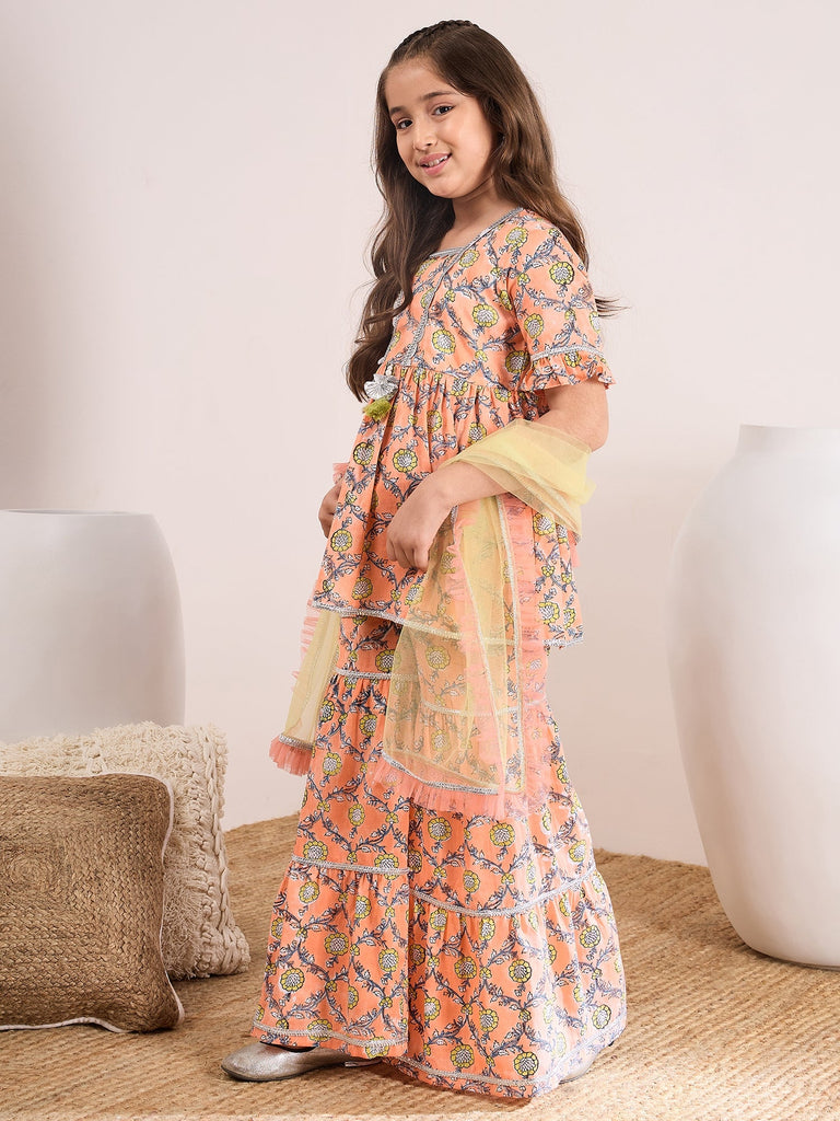 Girls Floral Printed Empire Kurti With Sharara & With Dupatta