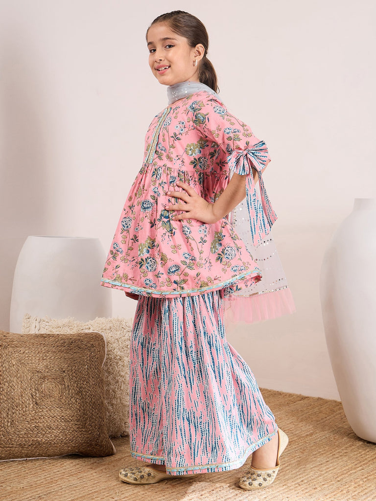 Girls Ethnic Motifs Printed Empire Kurta With Sharara & With Dupatta