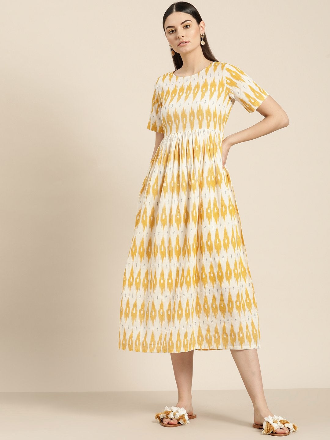 Women's Yellow Ikat Patch Pocket Midi Dress