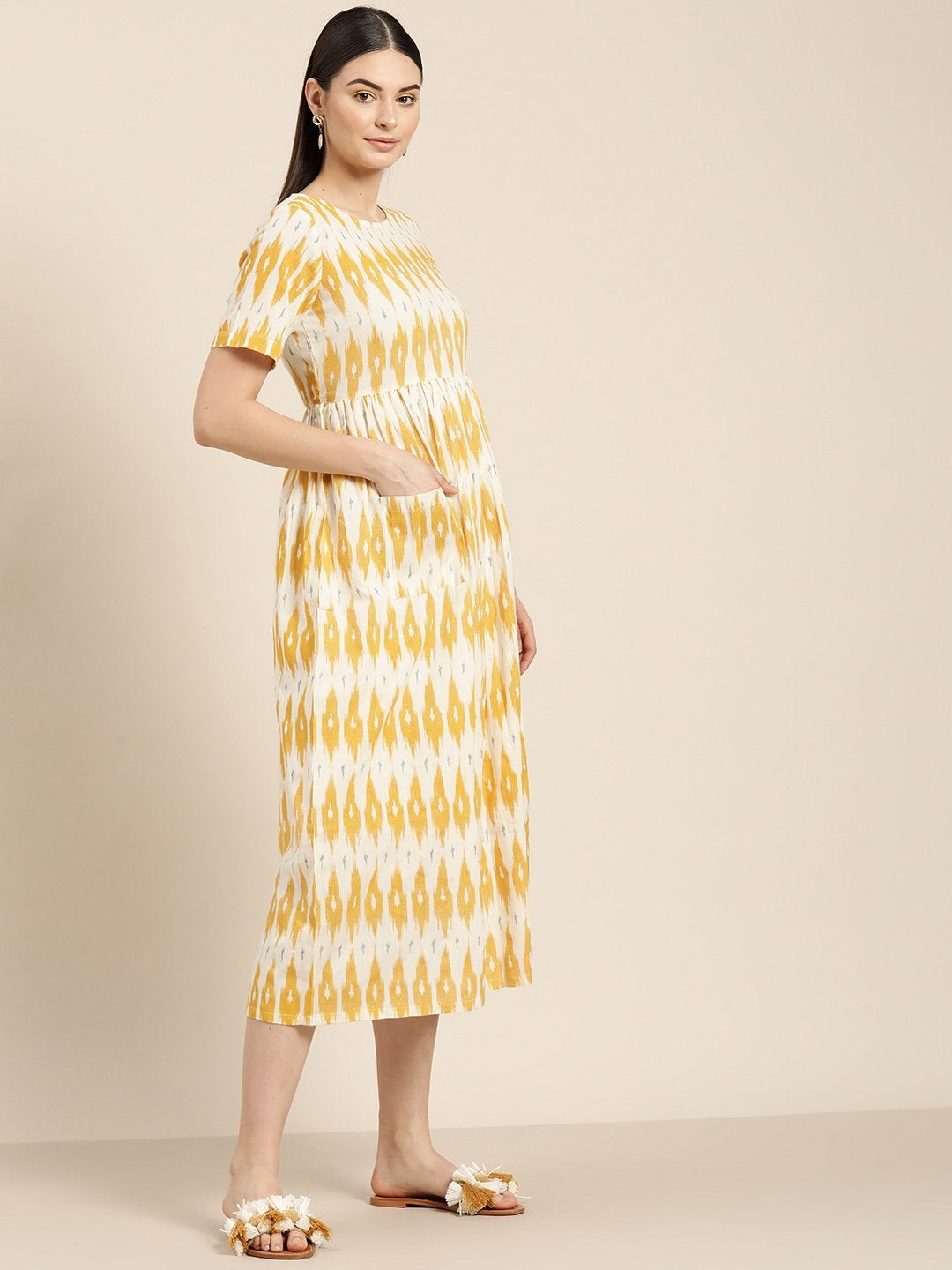 Women's Yellow Ikat Patch Pocket Midi Dress